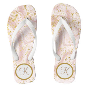 Monogram Pink White Marble Swirl Gold Glitzer Badesandalen