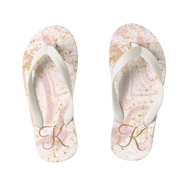 Monogram Pink White Marble Swirl Gold Glitzer Kinderbadesandalen (Fußbett)