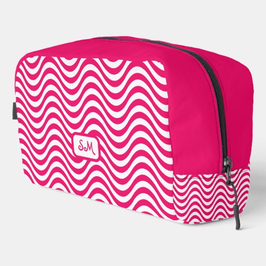Monogram Pink White Wavy Stripes Psychedelic Waschbeutel (Rechte Ecke)
