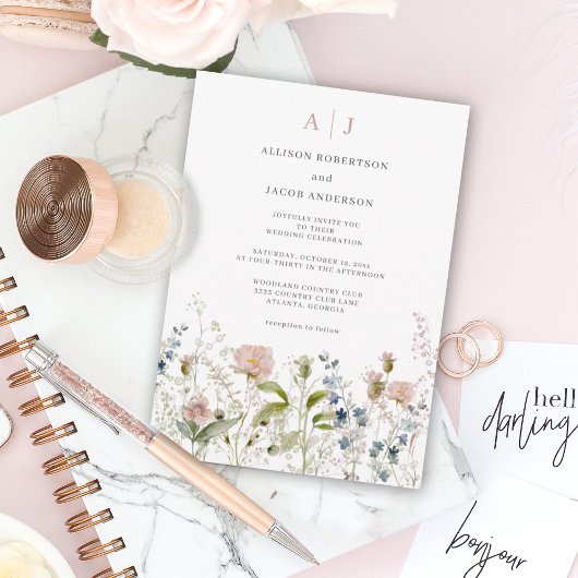 Monogram Pink Wildblume Floral Wedding Einladung