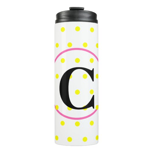 Monogram Pink Yellow Polka Dots Thermosbecher (Vorderseite)