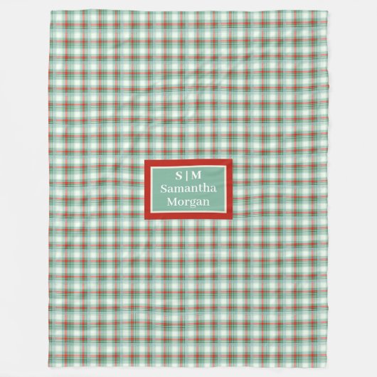 Monogram Plaid Blanket Red Green Christmas Chic Fleecedecke (Vorderseite)
