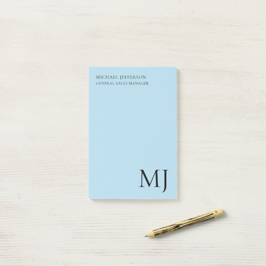 Monogram Plain Blue Trendy Business Post-it Klebezettel (Auf Schreibtisch)