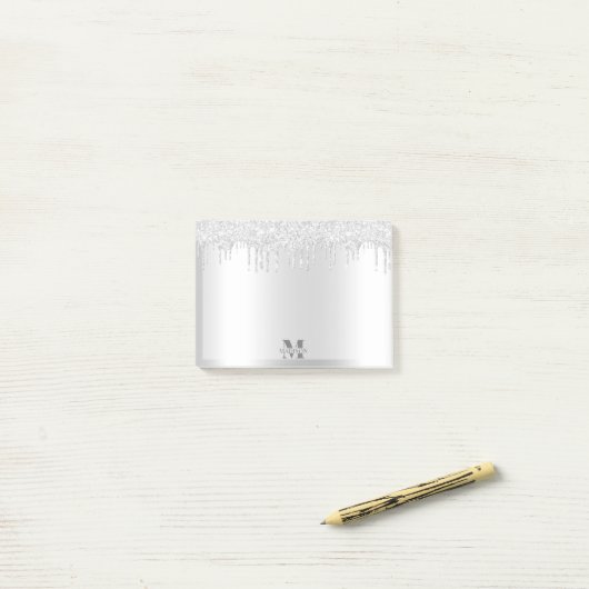Monogram Platinum Silver Dripping Glitzer Metallic Post-it Klebezettel (Auf Schreibtisch)