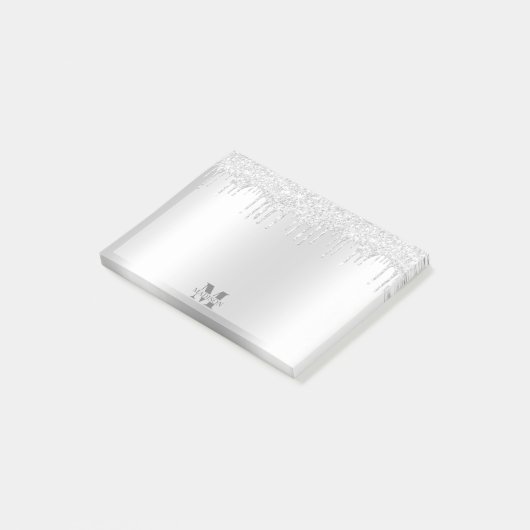 Monogram Platinum Silver Dripping Glitzer Metallic Post-it Klebezettel (angewinkelt)