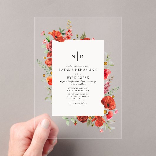 Monogram Poppy Wildblume Floral Wedding Acryleinladungen (Insitu (Handheld))
