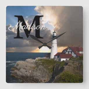 Monogram Portland Head Lighthouse Maine Foto Name Quadratische Wanduhr