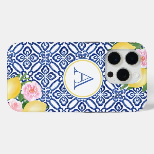 Monogram Positano Lemons Blue White Case-Mate iPhone Hülle (Rückseite (Horizontal))