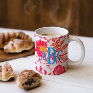Monogram Preppy-Vintage Blume Rosa und Orange Tasse