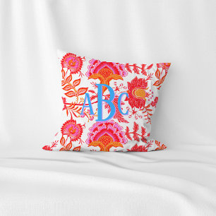 Monogram Preppy Vintage Blumen Rosa & Orange Kissen