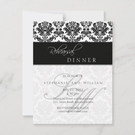 Monogram Probe Dinner Card Black Damask Einladung (Vorderseite)