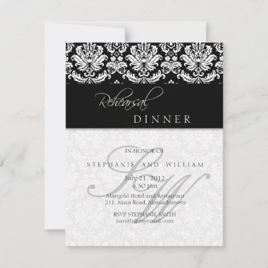 Monogram Probe Dinner Card Black Damask Einladung (Vorderseite)