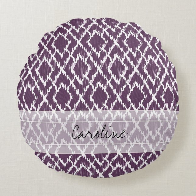 Monogram Pum Lila Tribal Ikat Diamond Muster Rundes Kissen (Vorderseite)