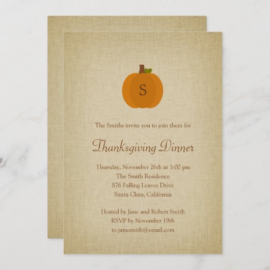Monogram Pumpkin Erntedank Dinner Einladung (Vorne/Hinten)