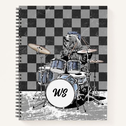 Monogram Punk Rock Drummer Bear Drum Kit Musiker Notizblock (Vorderseite)