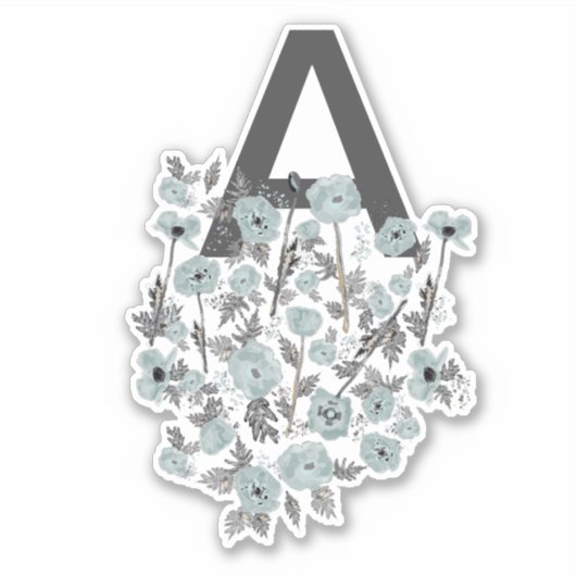 Monogram Puppies Grau Blau Schwarze Aquarellblume Aufkleber (Vorderseite)