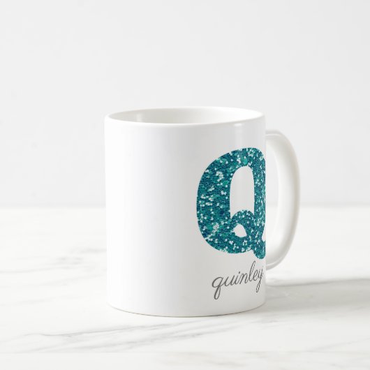 Monogram Q Aqua Glitzer Personalisierte Mug Kaffeetasse (VorderseiteRechts)