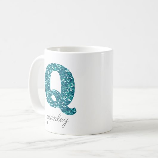 Monogram Q Aqua Glitzer Personalisierte Mug Kaffeetasse (Vorderseite Links)