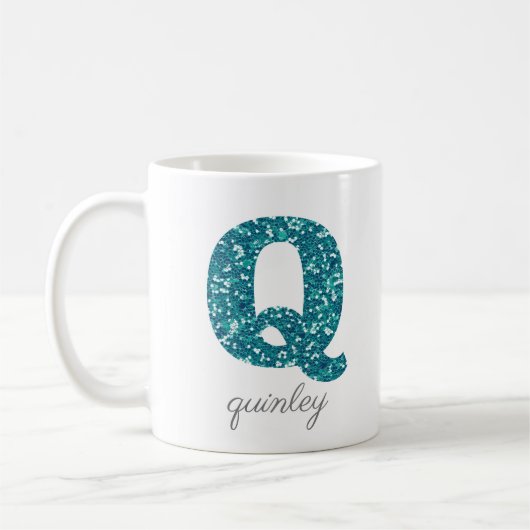 Monogram Q Aqua Glitzer Personalisierte Mug Kaffeetasse (Links)