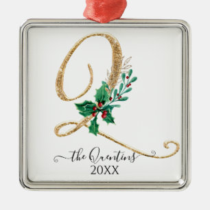 Monogram Q Christmas Glitzer Gold Holly Foliage Ornament Aus Metall