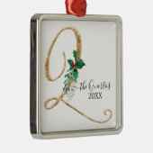 Monogram Q Gold Glitzer Christmas Holly Foliage Ornament Aus Metall (Rechts)