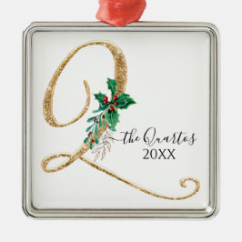 Monogram Q Gold Glitzer Christmas Holly Foliage Ornament Aus Metall