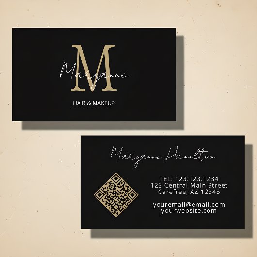 Monogram QR Code Black Gold Visitenkarte