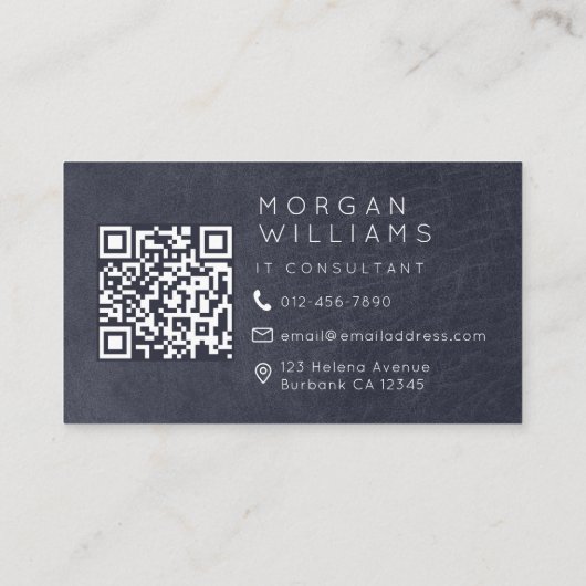 Monogram QR Code Blauleder Visitenkarte (Rückseite)