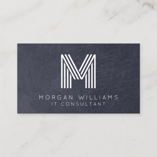 Monogram QR Code Blauleder Visitenkarte (Vorderseite)