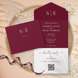 Monogram QR Code Burgundy und Gold Wedding All In One Einladung