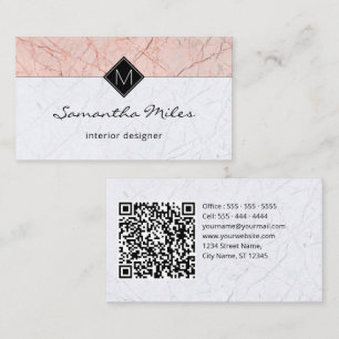 Monogram QR Code Elegante Rose Gray Marble Visitenkarte