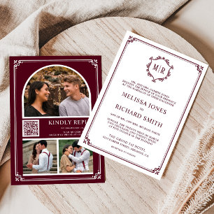 Monogram QR Code Foto Collage Burgundy Wedding Einladung