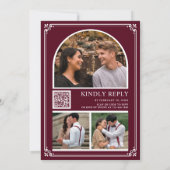 Monogram QR Code Foto Collage Burgundy Wedding Einladung (Rückseite)