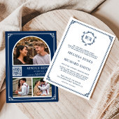 Monogram QR Code Foto Collage Navy Blue Wedding Einladung