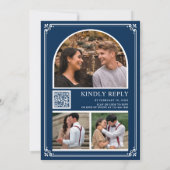 Monogram QR Code Foto Collage Navy Blue Wedding Einladung (Rückseite)