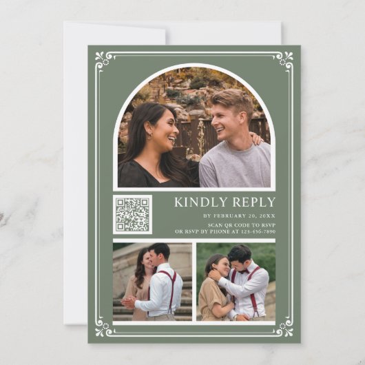 Monogram QR Code Foto Collage Sage Green Wedding Einladung (Rückseite)