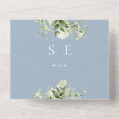 Monogram QR Code Greenery Dusty Blue Wedding All In One Einladung (Rückseite)