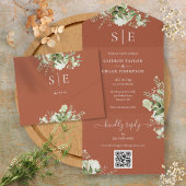 Monogram QR Code Greenery Terracotta Wedding All In One Einladung