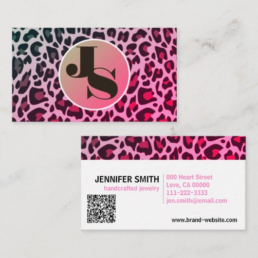 Monogram QR Code Leopard Print Rockabilly Pink Visitenkarte (Vorne/Hinten)