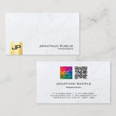 Monogram QR Code Logohochladen Weißes Marmor Gold Visitenkarte (Vorne/Hinten)
