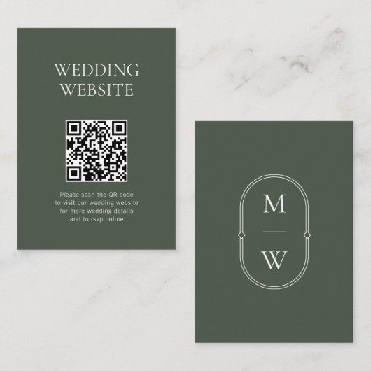 Monogram QR Code Moss Green Wedding Website Begleitkarte (Vorne/Hinten)