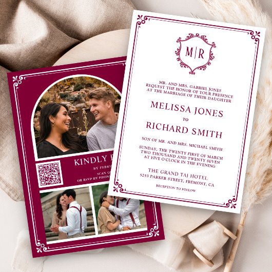 Monogram QR Code Photo Collage Magenta Wedding Einladung