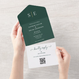 Monogram QR Code Smaragdgrüne und goldene Hochzeit All In One Einladung