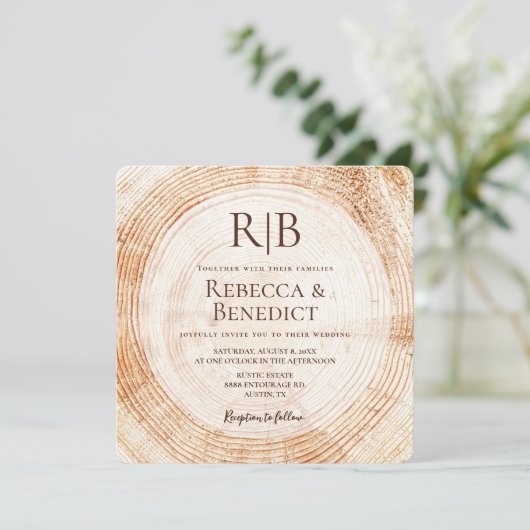 Monogram QR Code Website Bark Rustic Wedding Einladung (Stehend Vorderseite)