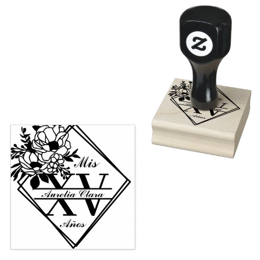 Monogram Quinceanera Mis XV Geometric Floral Gummistempel (Stempel)