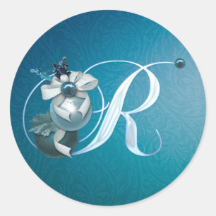 Monogram R Aquamarin Ornament Ribbon Weihnachtskle Runder Aufkleber