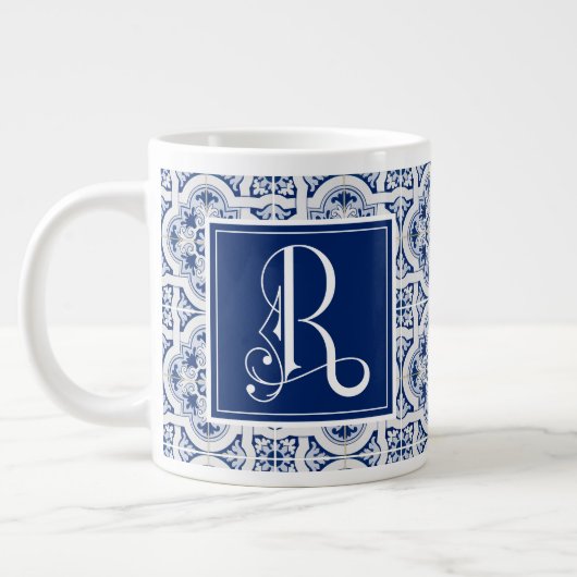 Monogram R, Blue Sicilian Tile Riesenkaffee Tasse (Links)