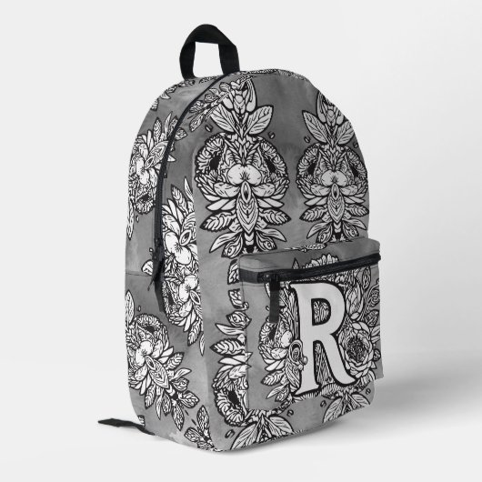 Monogram "R" Floral Tattoo Pattern Black White DIY Bedruckter Rucksack (Rückseitige Ecke links)