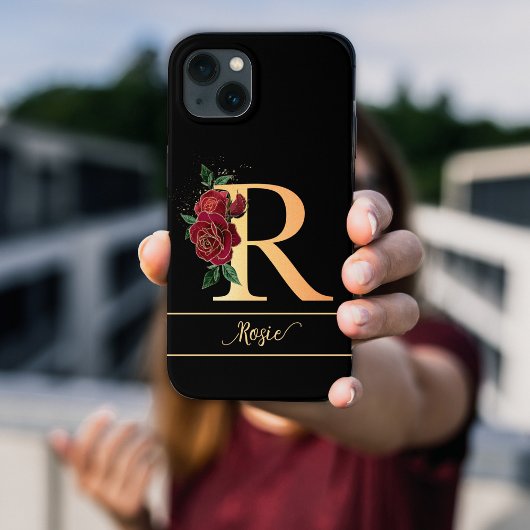 Monogram R golden individuelle Name rote Rose schw Case-Mate iPhone Hülle
