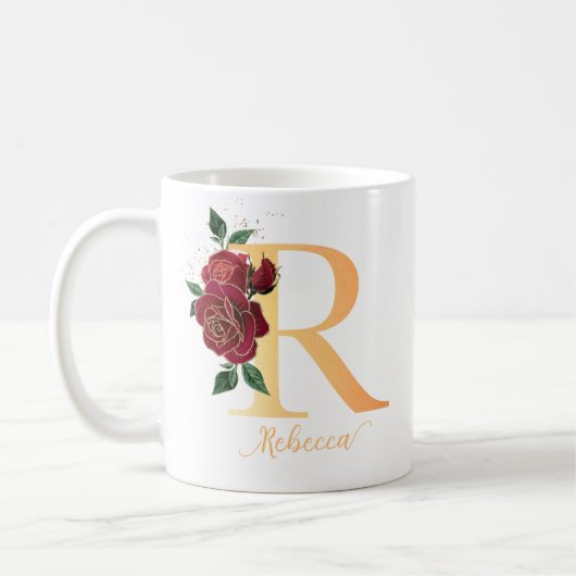 Monogram R goldene individuelle Name-rote Rosen Kaffeetasse (Links)